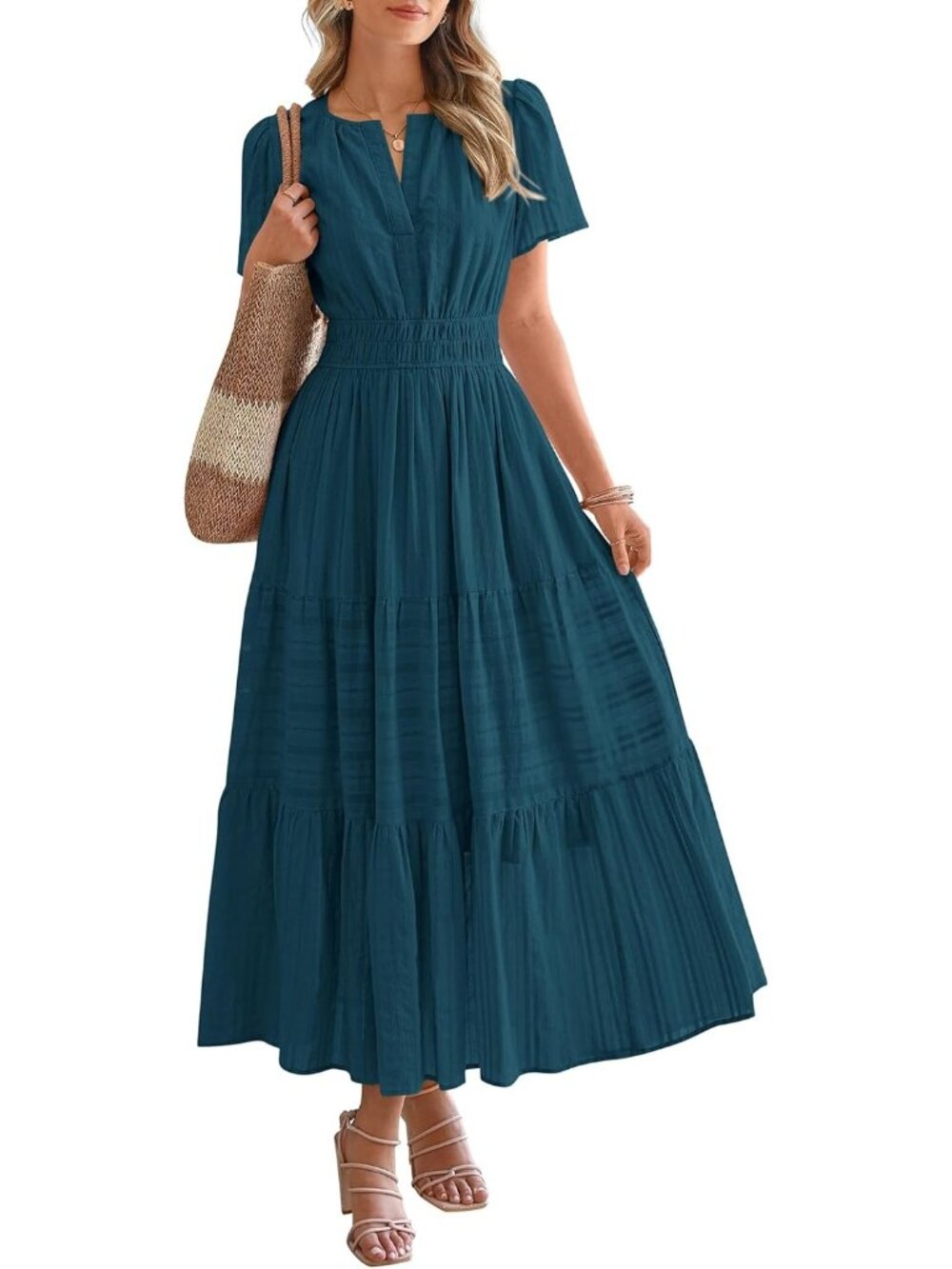 Women's Lake Blue 100%Cotton V Neck Elastic Waist Boho Beach Casual MIDI Dresses